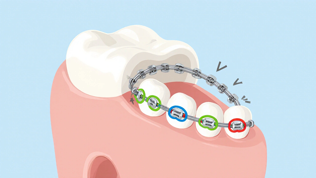 Detailní ilustrace zubu s keramickým bracketem, drátem a elastickými pásky.