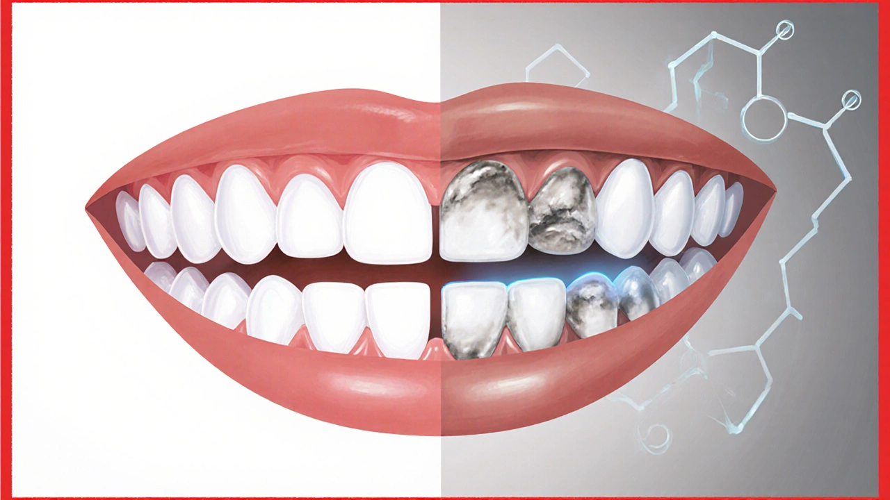 Dvě sady zubů: jedna rovnoměrně bělá, druhá poškozená nelegálním produktem.