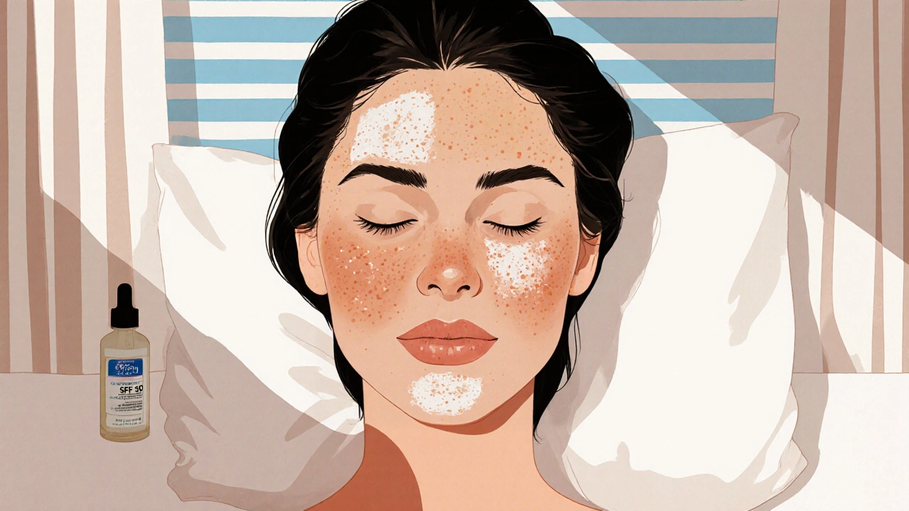 Obličej s ochranným krémem se SPF 50 a jemným světlem z okna.