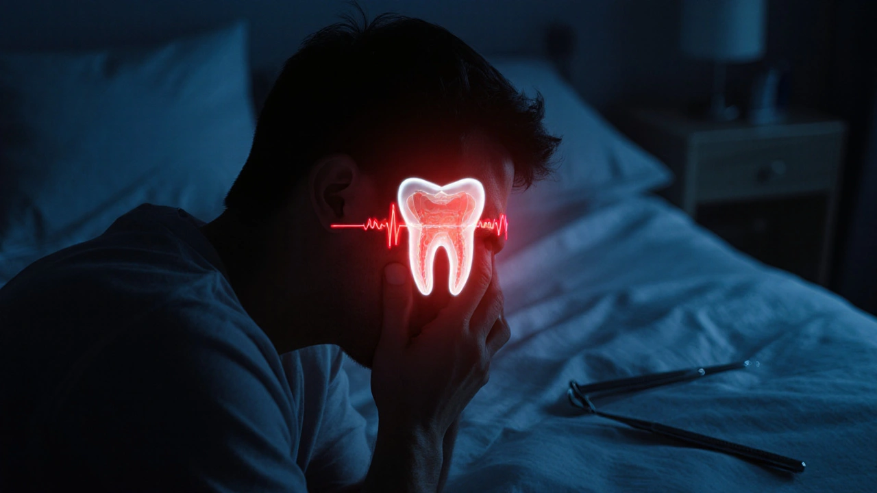 Osoba trpící silnou zubní bolestí v noci s viditelným pulzujícím světlem v zubu.