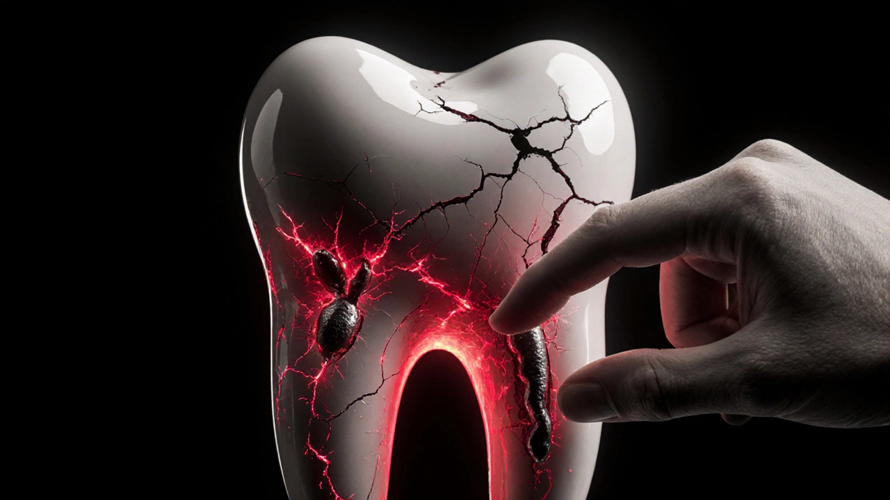 Prasklina v zubu s neviditelnými bakteriemi šířícími se jako kořeny pod povrchem.