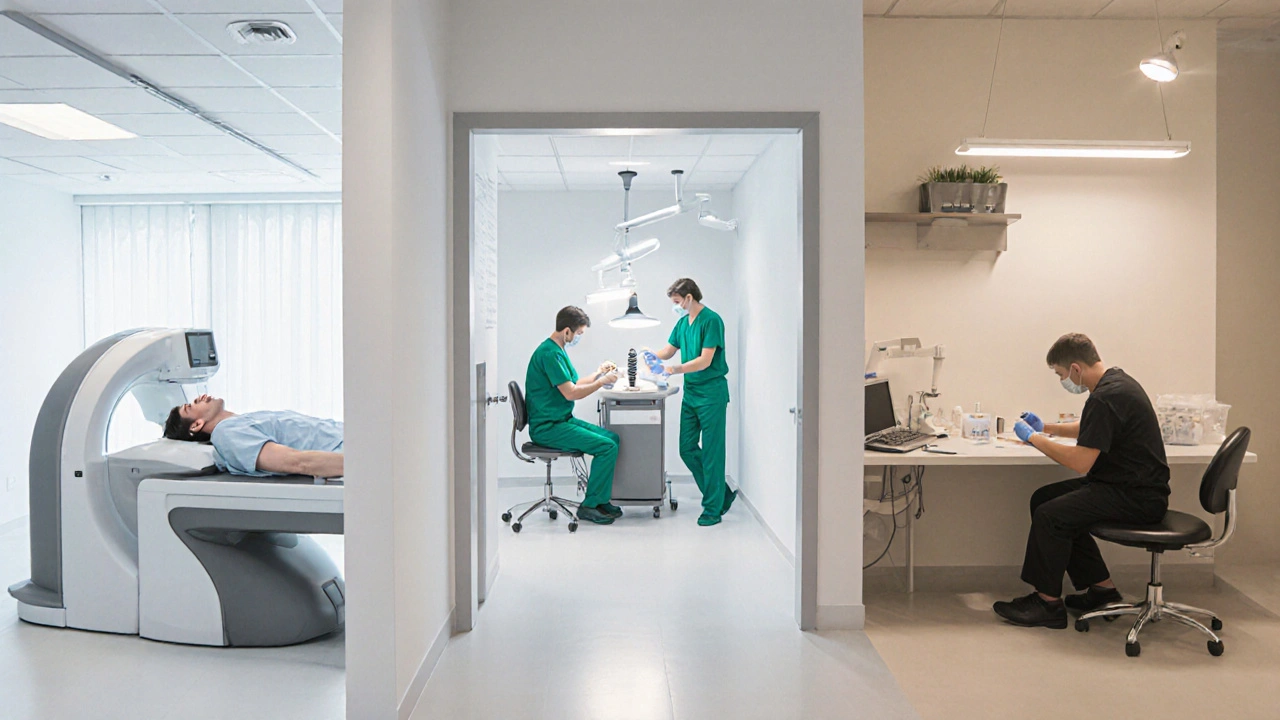 Vnitřek moderní zubní kliniky: CT skener, operační stůl, laboratoř s korunkou.