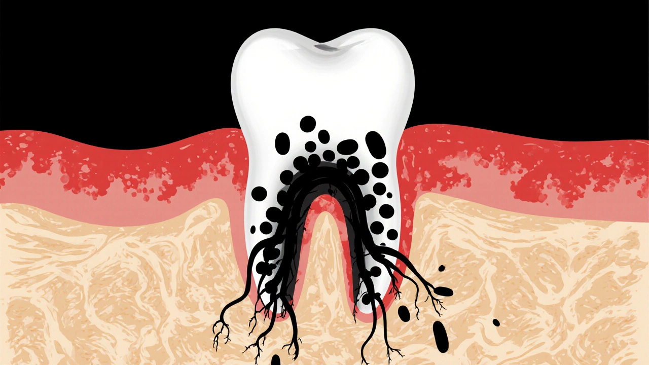 Zánět šířící se do kosti kolem zubu, bakterie ničí podpůrné struktury.
