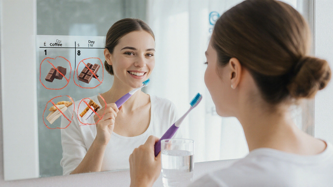 Žena s bílým úsměvem, kolem ní průhledné obrazy potravin, které mohou zbarvovat zuby.