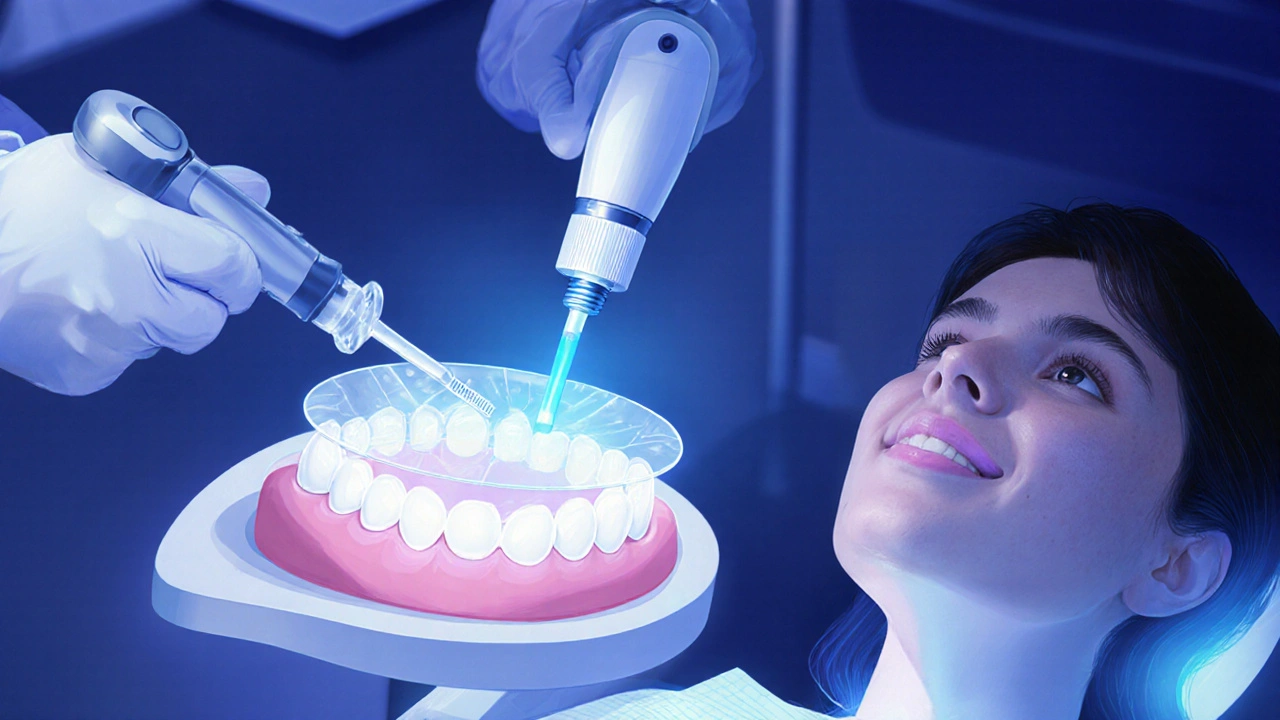 Zubní lékař provádí laserové bělení keramického korunky s ochrannou fólií a gelem.