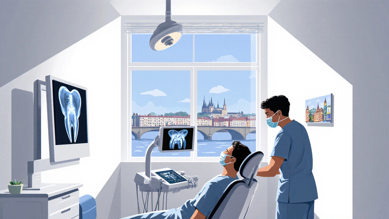 Zubní pohotovost v Praze s dentálním lékařem a panoramatem města.