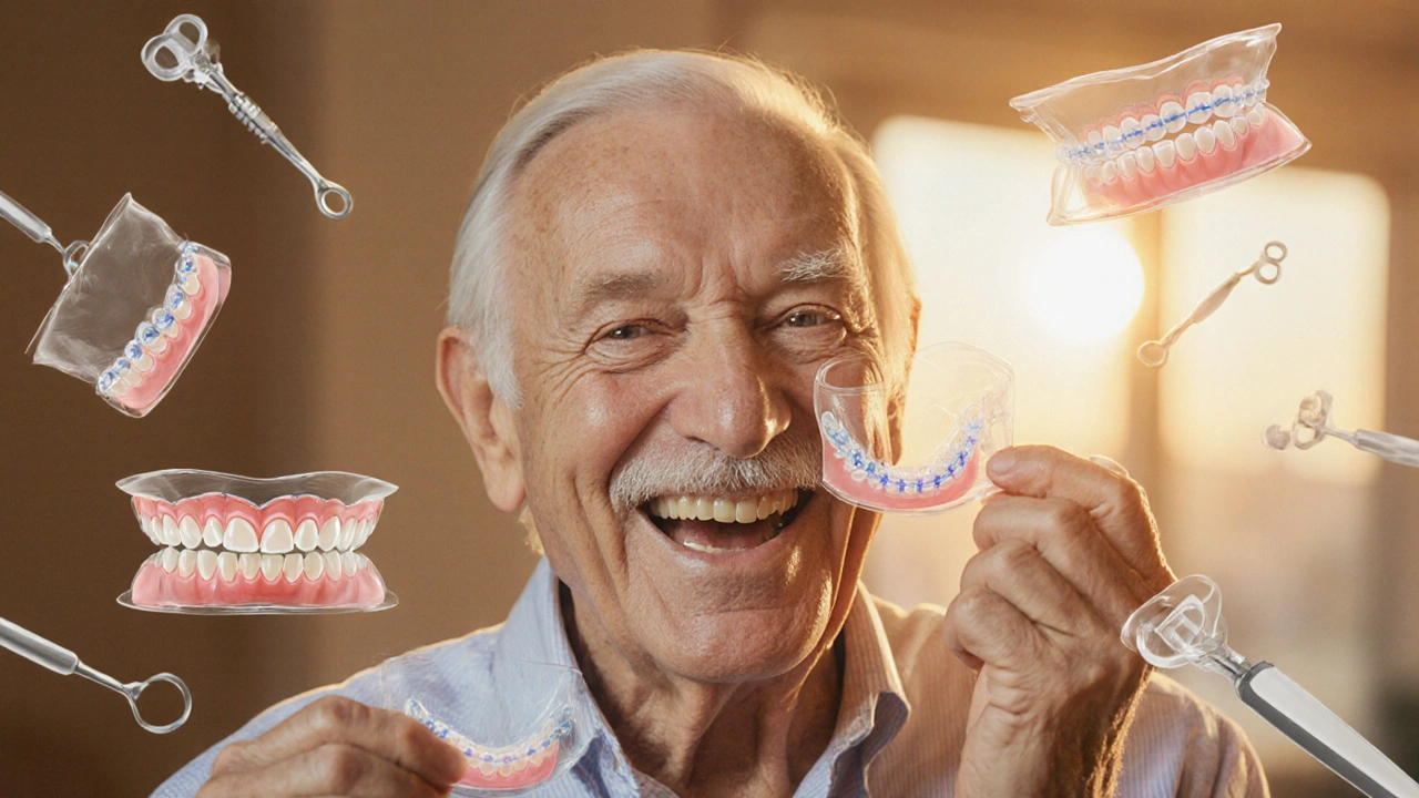 78letý muž se směje, drží v ruce rovnátka, symbolizující změnu v pozdním věku.