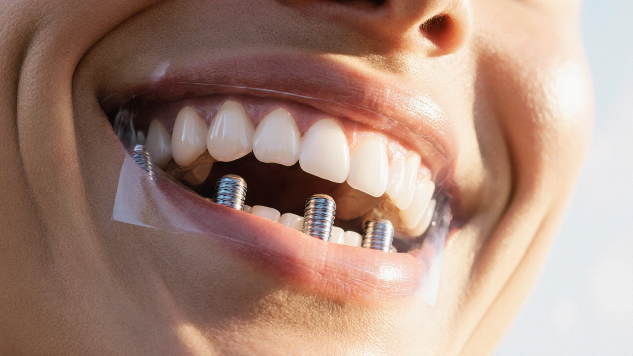 Člověk se směje, s průhledným zobrazením implantátů pod zuby.