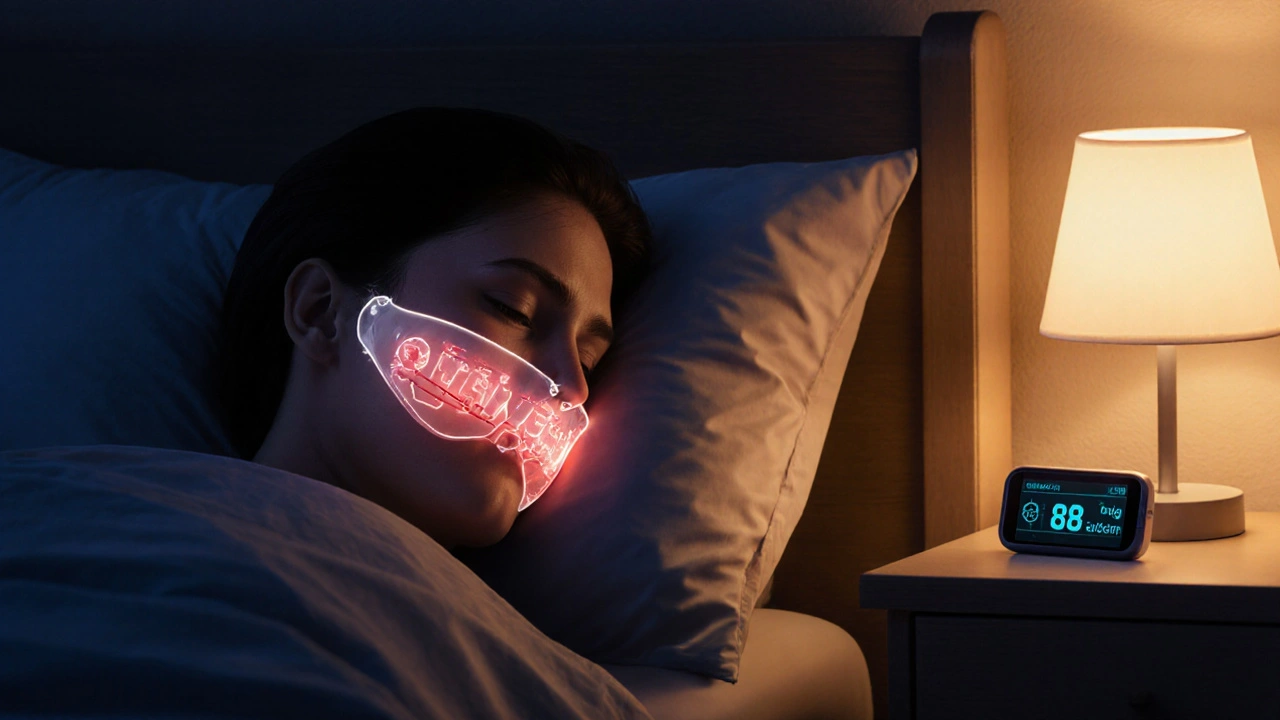 Člověk ve spánku s zubním štítem, praskliny vznikající díky škrábaní