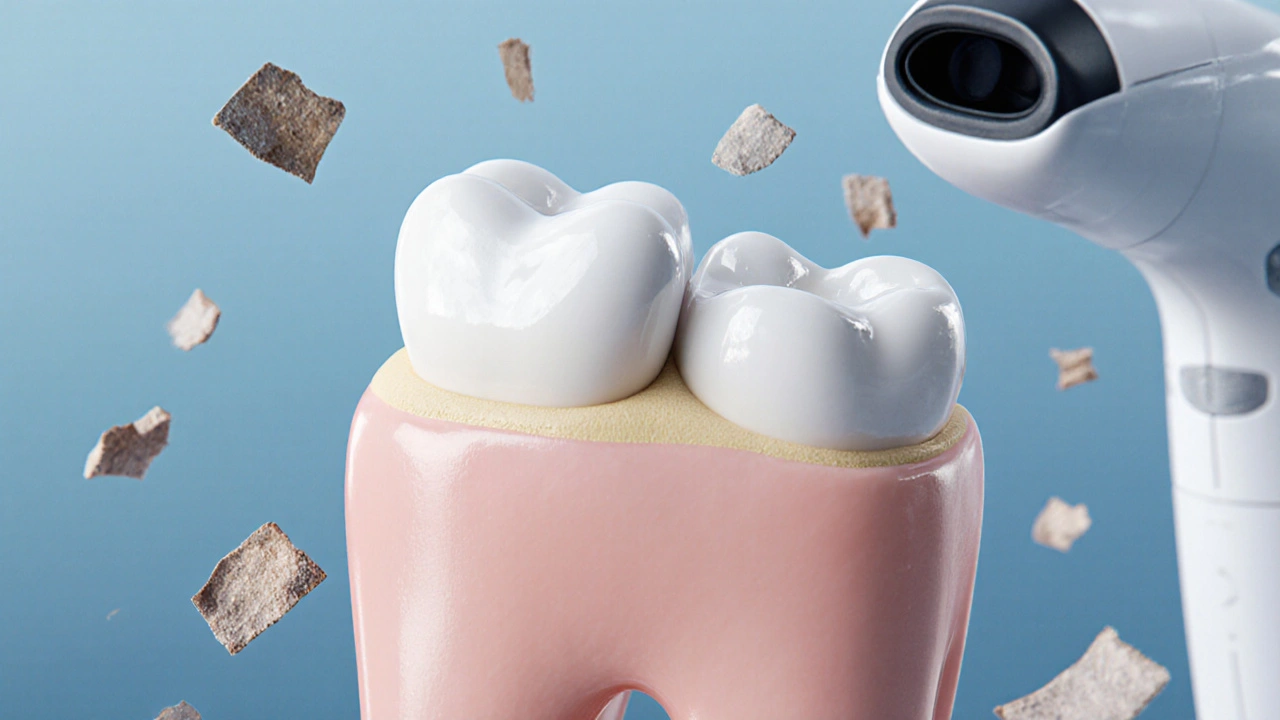 Cross-section of a tooth with a thin ceramic veneer bonded to its surface.