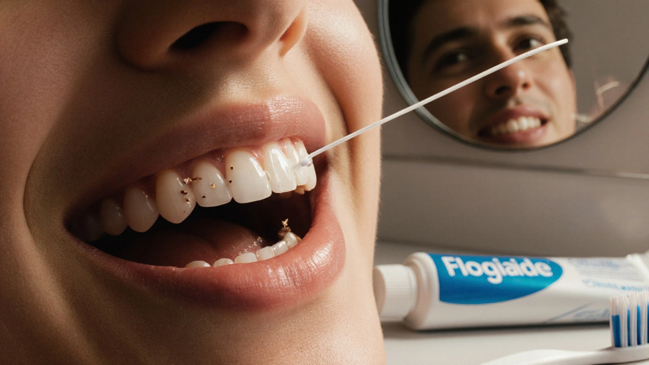 Detailní záběr zubní niti mezi zuby, odstraňující zbytky jídla, teplé osvětlení a zrcadlo v pozadí.