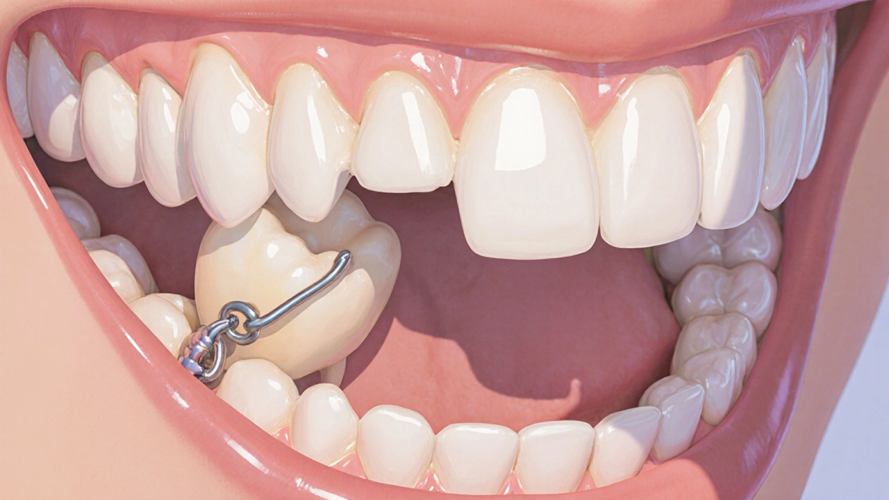 Dětská čelist s ortodontickým řetízkem tažícím zub do správné pozice a prostorovým udržovacím prvkem.