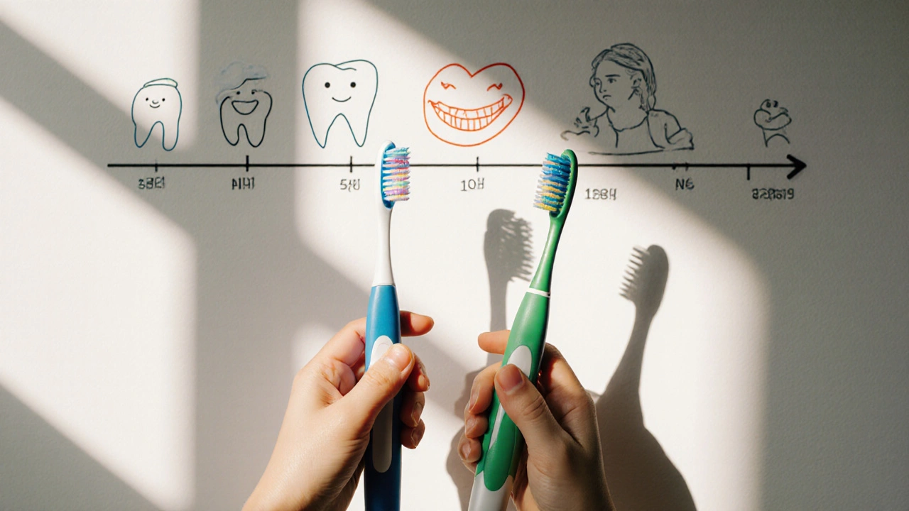 Dětský a dospělý kartáček na časové ose symbolizující celoživotní péči o zuby.