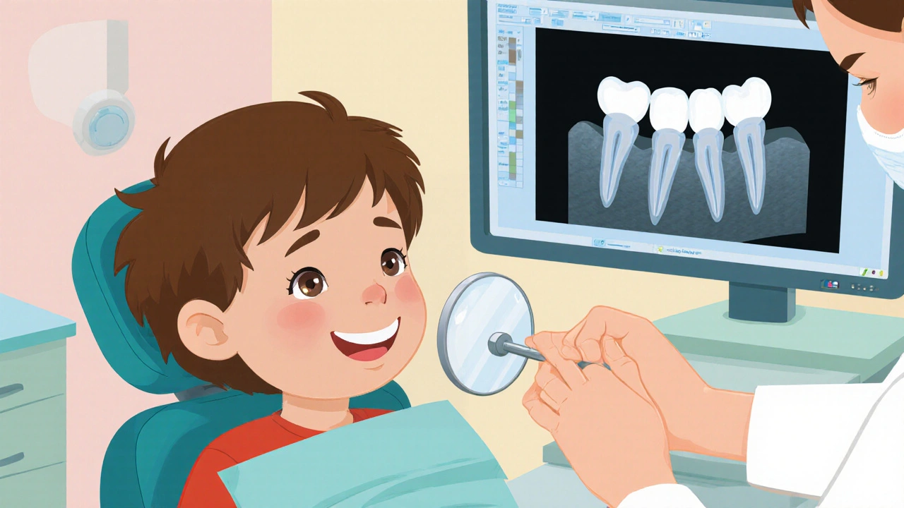 Dětský zubař kontroly první stoličku pomocí zrcátka a světla v klinice.