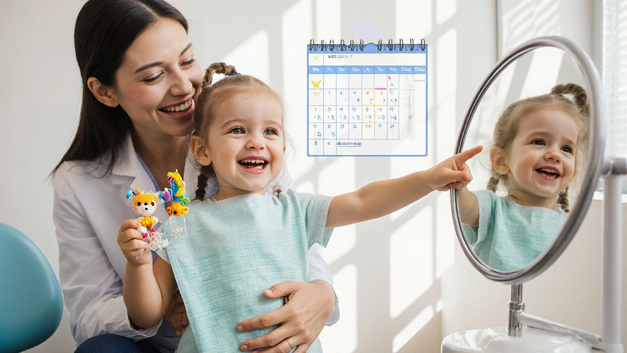 Dítě se usmívá a drží dárek od zubaře, rodič ho objímá, za nimi je kalendář s označenou další návštěvou.