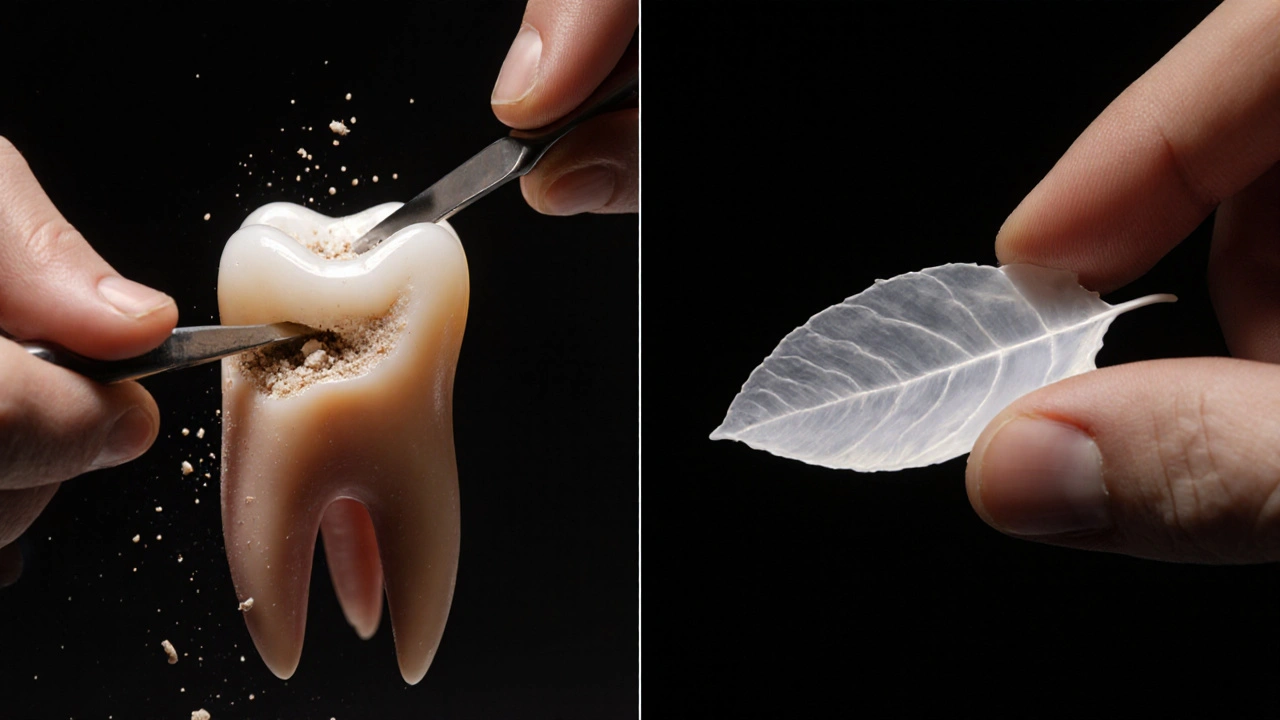 Drobný řez zubu s odstraňovanou sklovinou a tenká keramická fazeta jako křehký lístek, symbol nevratné změny.