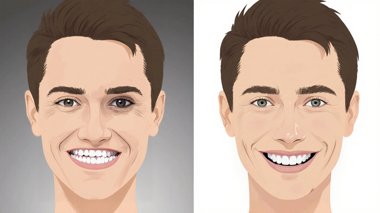 Dva pohledy na úsměv: s dírou a bez ní – kontrast zanedbání a obnovy.