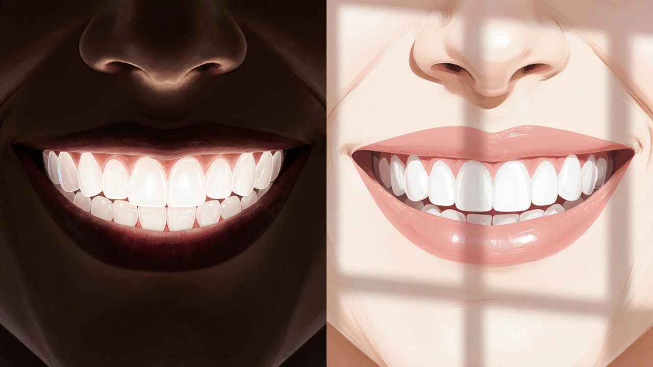 Dva protiklady úsměvu: umělý, plastový vpravo a přirozený s přirozenými přechody barev vlevo.