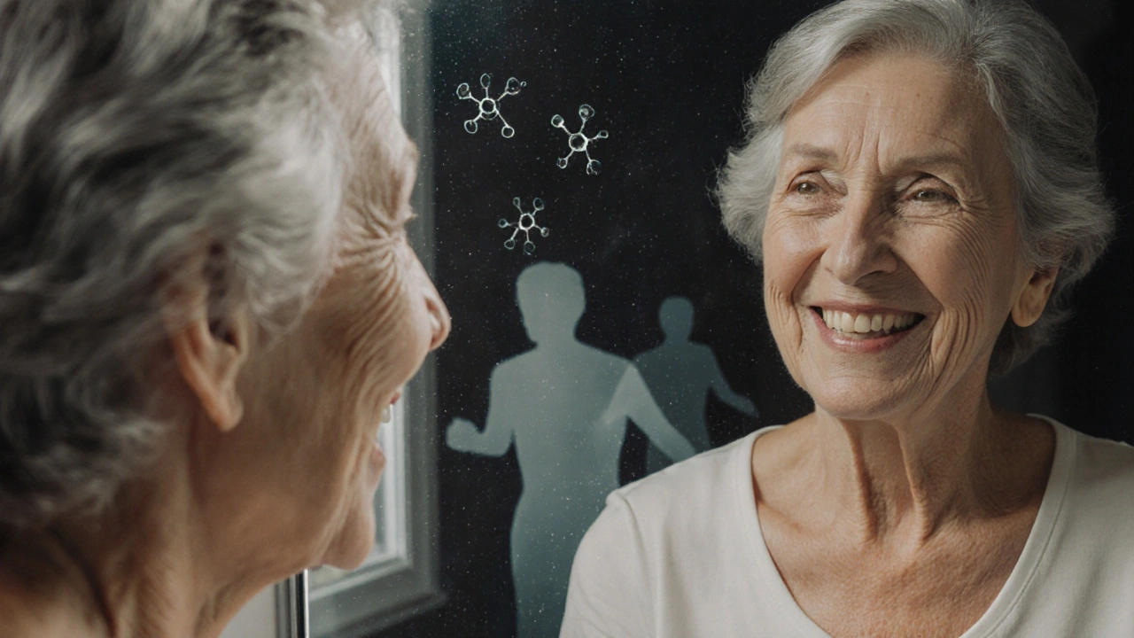 Dvojitá reflektovaná tvář: zdravá vs. postižená zubním kamenem a hormonální nerovnováhou.