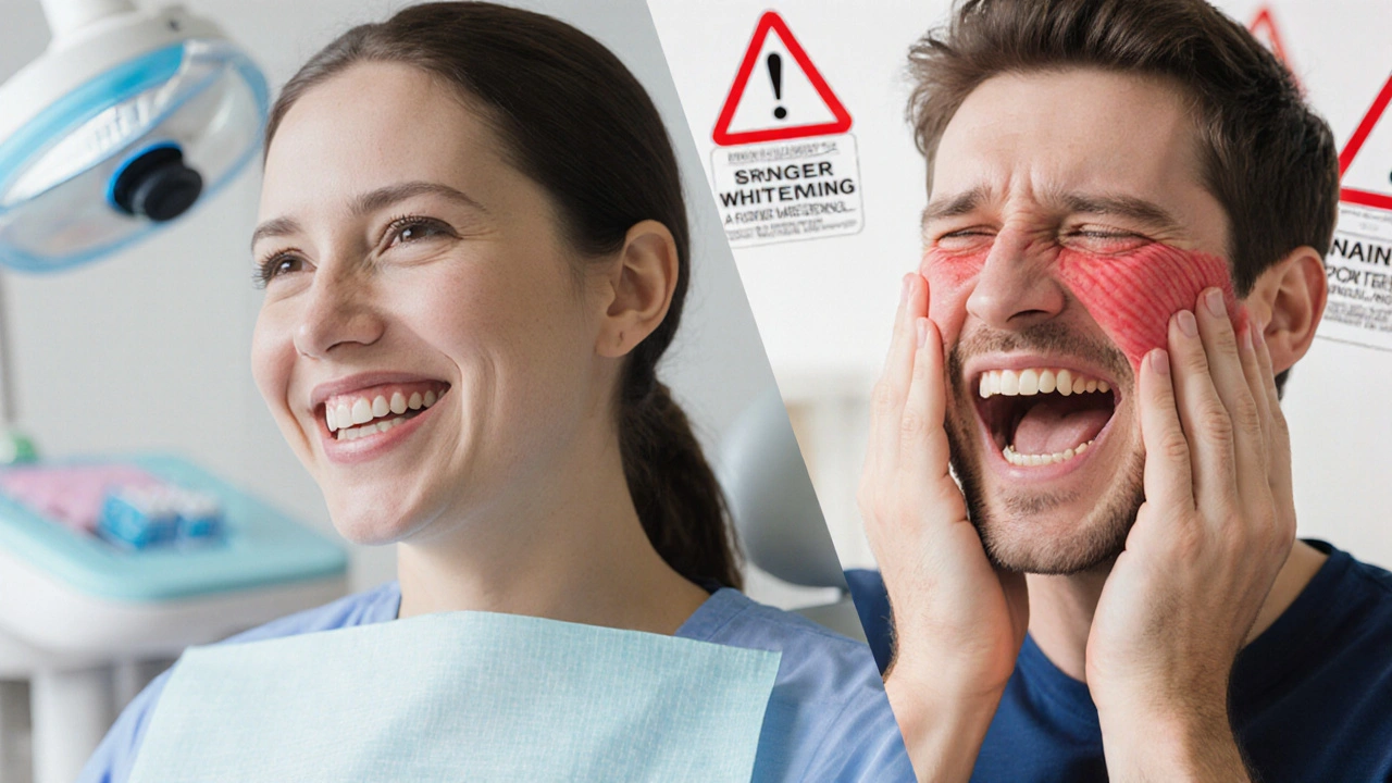 Dvoučástní obrázek: bezpečné bělení u zubního lékaře vs. bolestivé domácí bělení.
