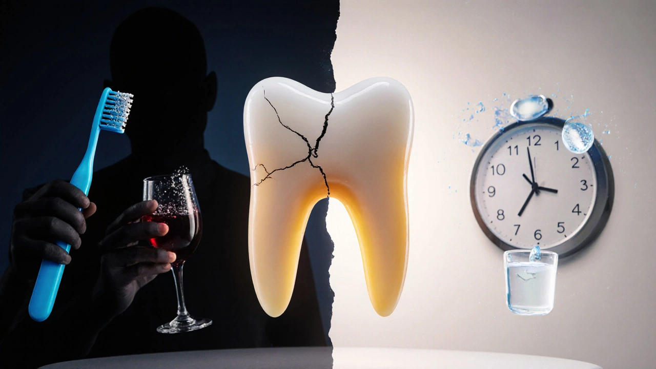 Keramická fazeta na jedné straně poškozená a žlutá, na druhé straně jako nová — symbol péče a zanedbání.