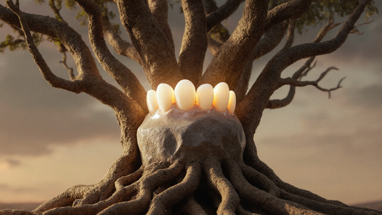 Keramická plomba jako svítící kámen v kořenovém systému, symbolizující dlouhodobou trvanlivost a přirozenou integraci.