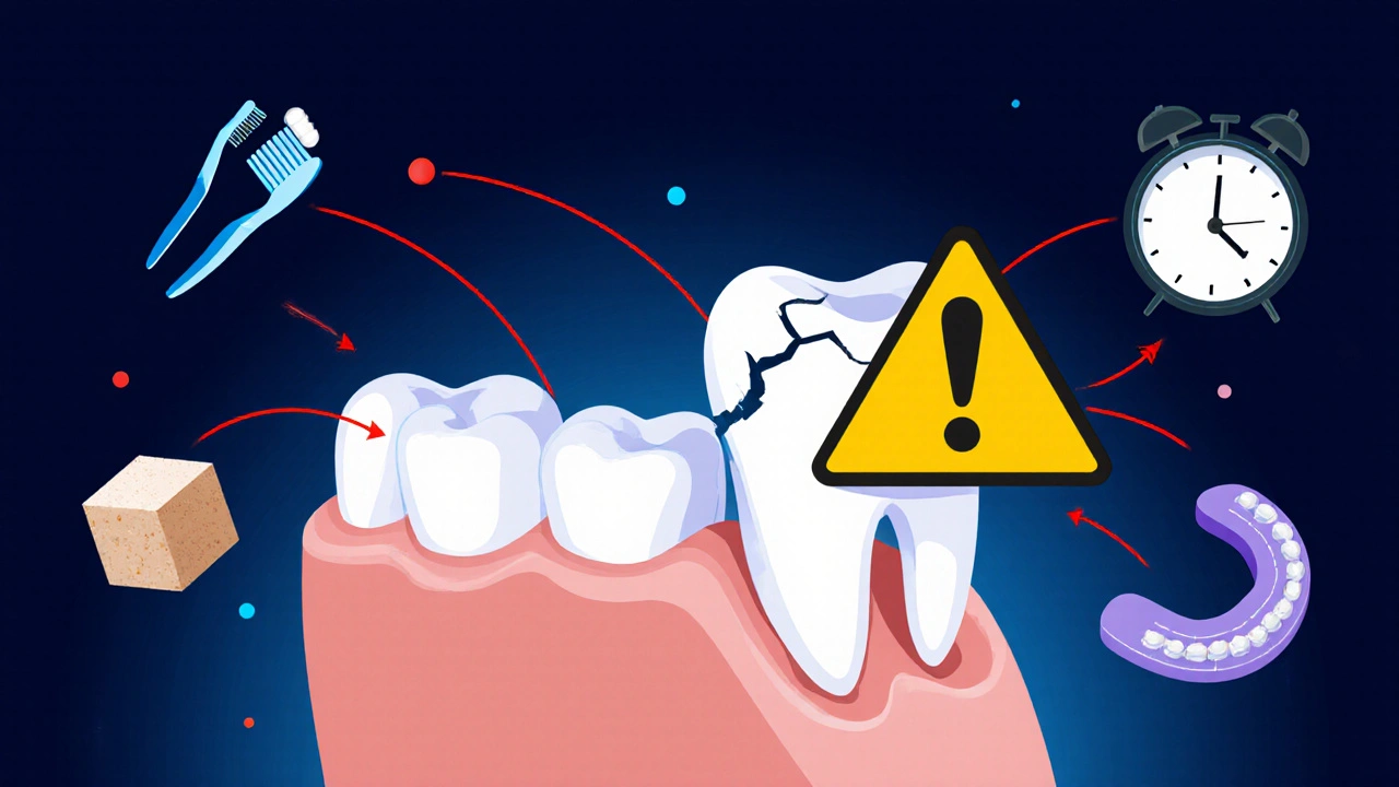 Konceptuální obrázek čelisti s varovným značkou vycházející z poškozeného zubu, kolem něj symboly rizik a prevence.