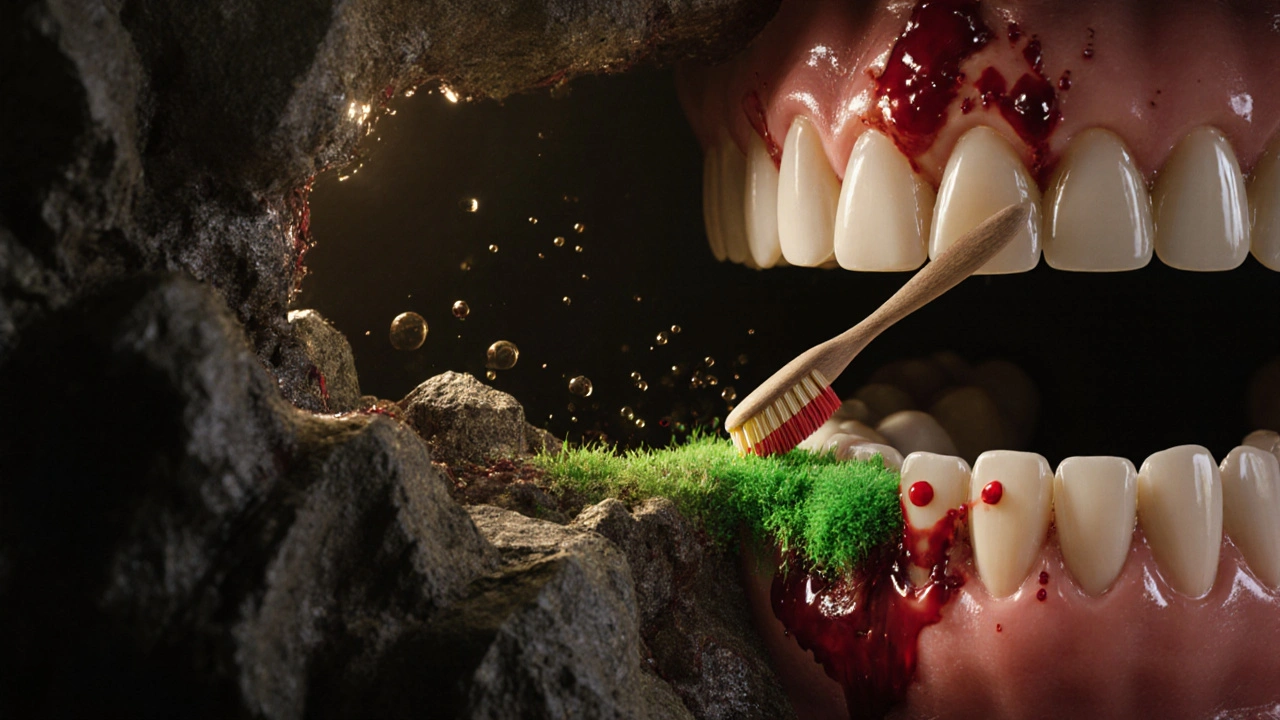 Konceptuální obrázek úst jako krajiny s kartáčkem čistícím plak mezi zuby.