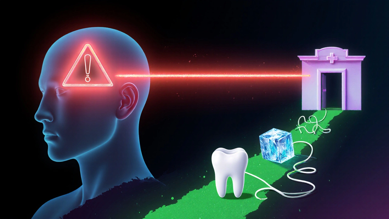 Líc s červenou vlnou infekce šířící se k uchu a krku, zatímco cesta k léčbě vede k zubní klinice.