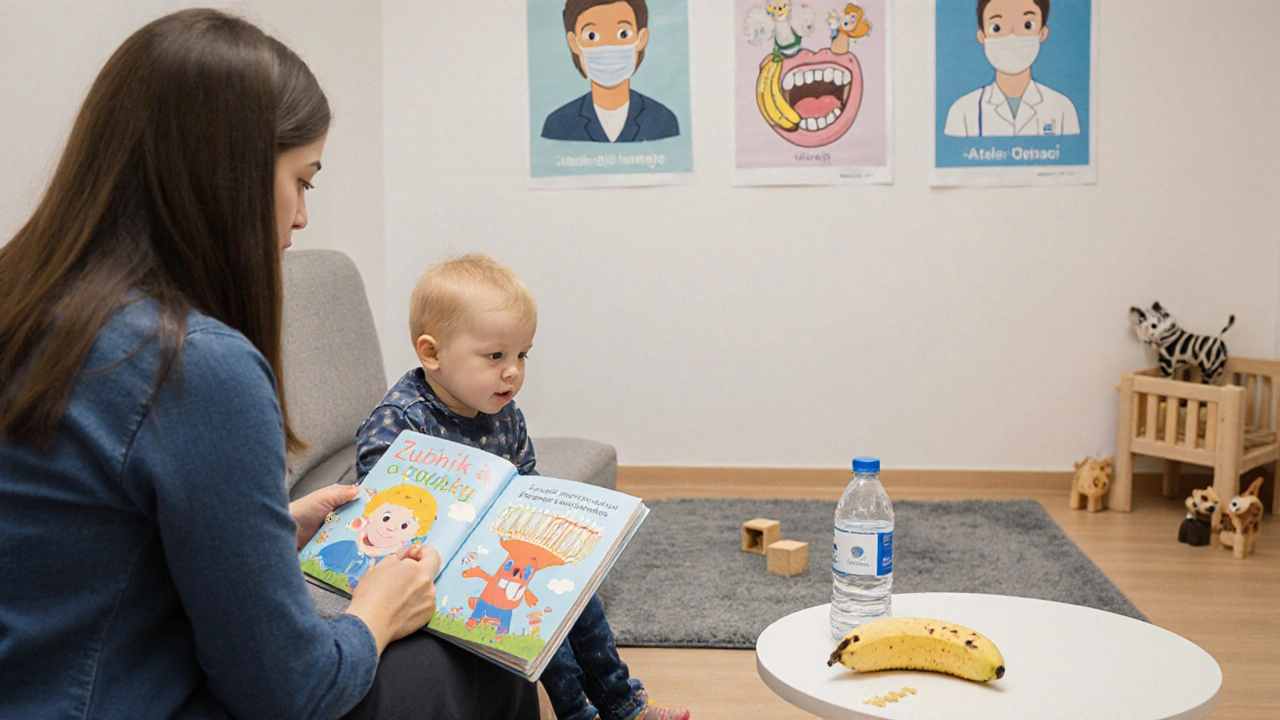 Maminka čte dítěti knížku o zubaři v čekárně, kolem nich jsou hračky a obrázky zvířat na zdech.