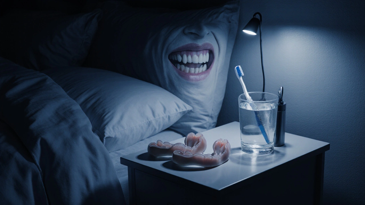 Noční štít na nočním stolku vedle kartáčku a sklenice vody.