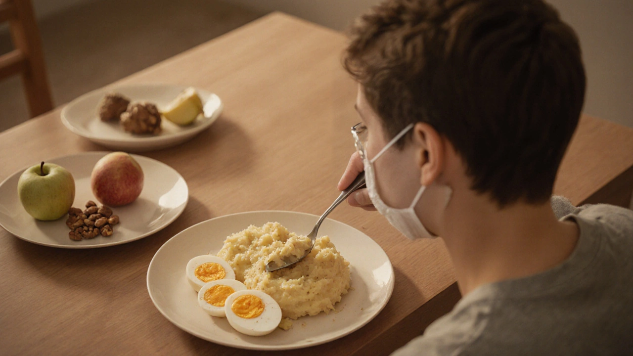 Osoba jí měkké vařené brambory a vejce s lžící.