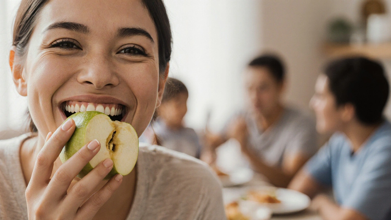 Osoba se smějícími zuby, která jedí jablko, s přirozeným výrazem radosti.