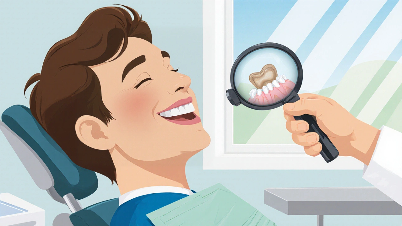 Pacient se usmívá s keramickou plombou na zadním zubu, vedle ní viditelná opotřebovaná kompozitní plomba.