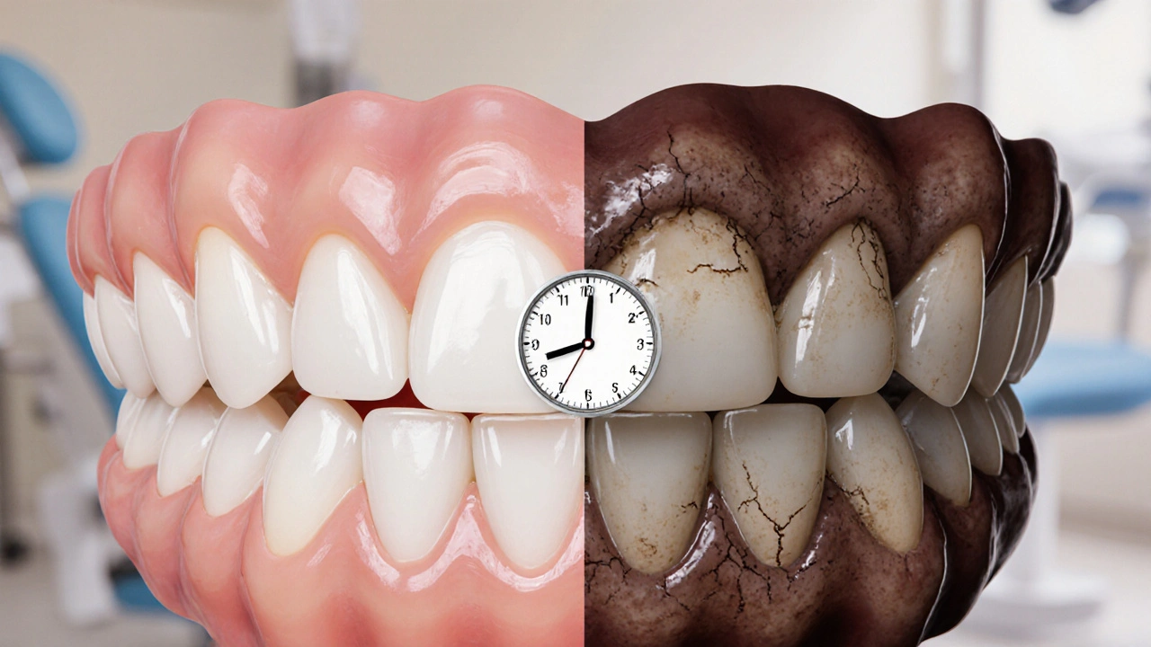 Porovnání nové a poškozené zubní inlay s časovou osou 12 let.