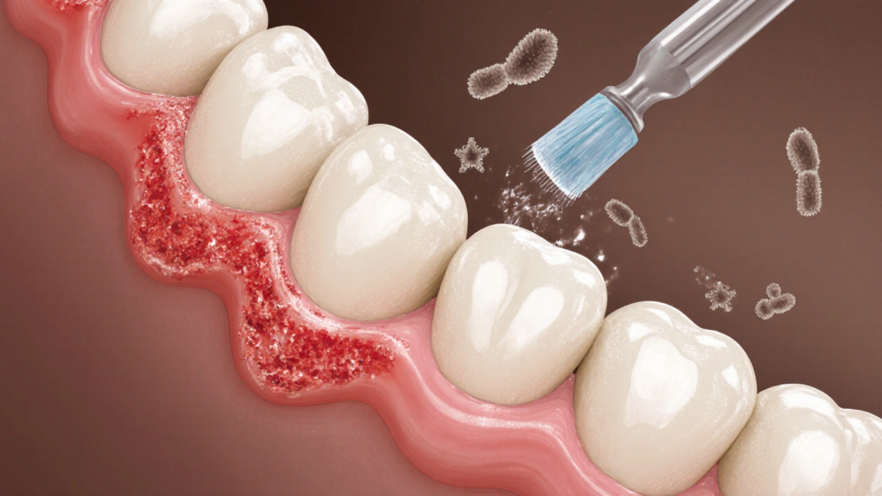 Porovnání zdravých a zánětlivých dásní s viditelným plakem mezi zuby.