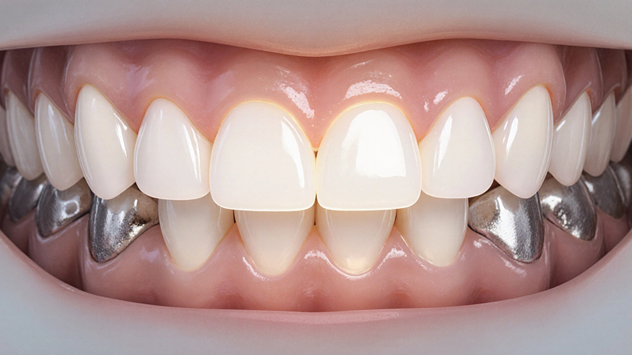 Porovnání zirkonové a metalokeramické korunky na zubním modelu s viditelným tmavým obrysem.