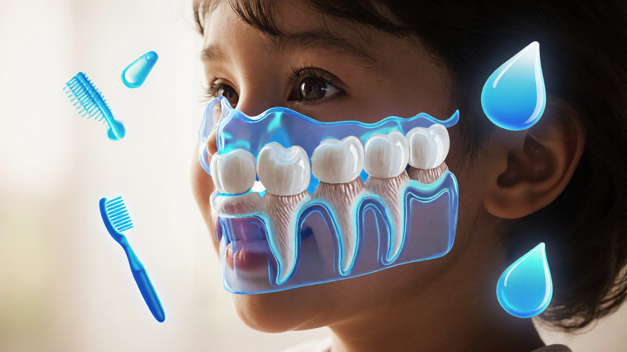 Přehled vývoje kořenů první stoličky od věku 5 do 10 let v přehledné anatomické ilustraci.