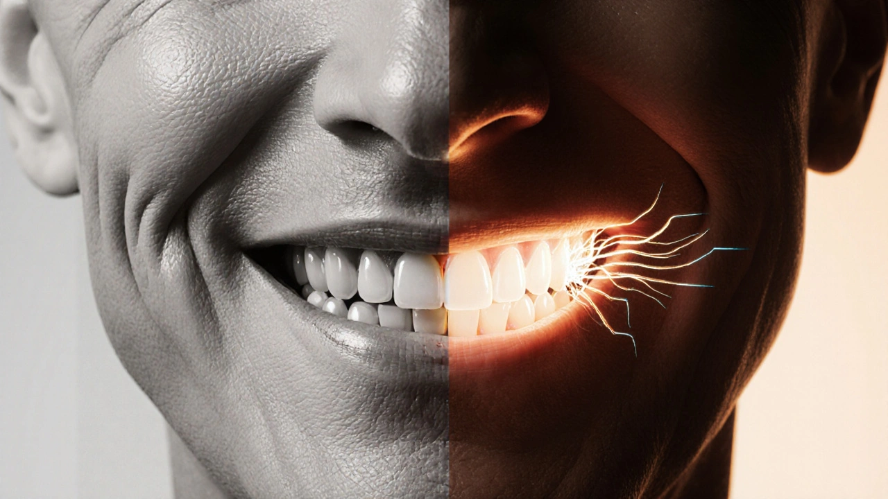 Přeměna tváře od vybledlého vzhledu k plnému, zdravému úsměvu s implantáty.