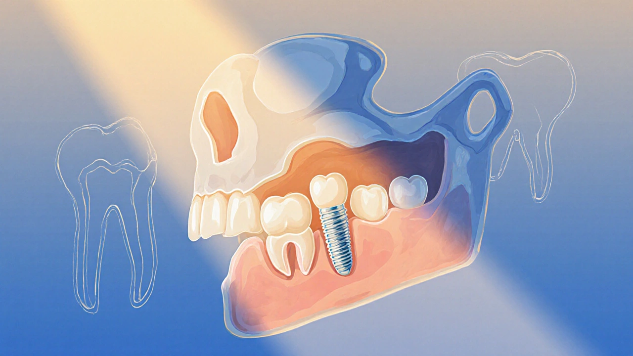 Příčný řez čelistí s implantátem integrovaným do kosti a zdravým tkáním.