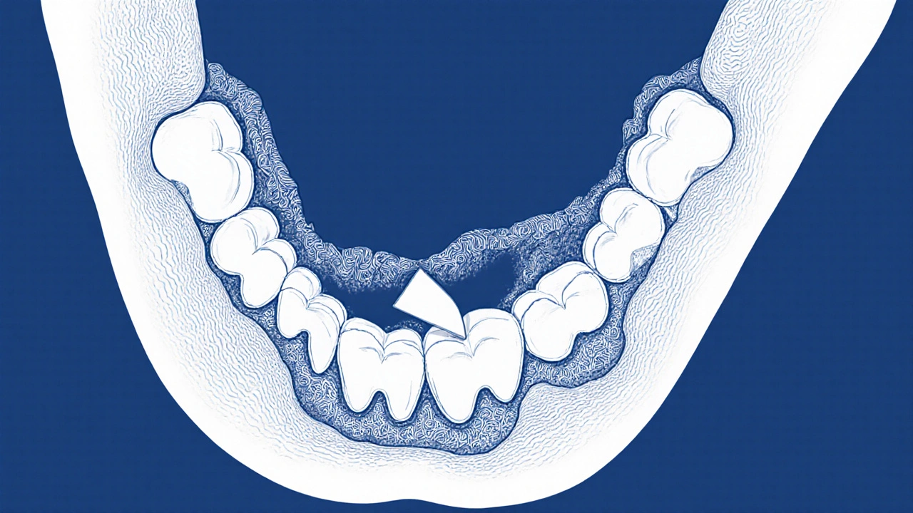 Příčný řez čelisti s trvalým zubem blokovaným tkání kolem keramické onlay.