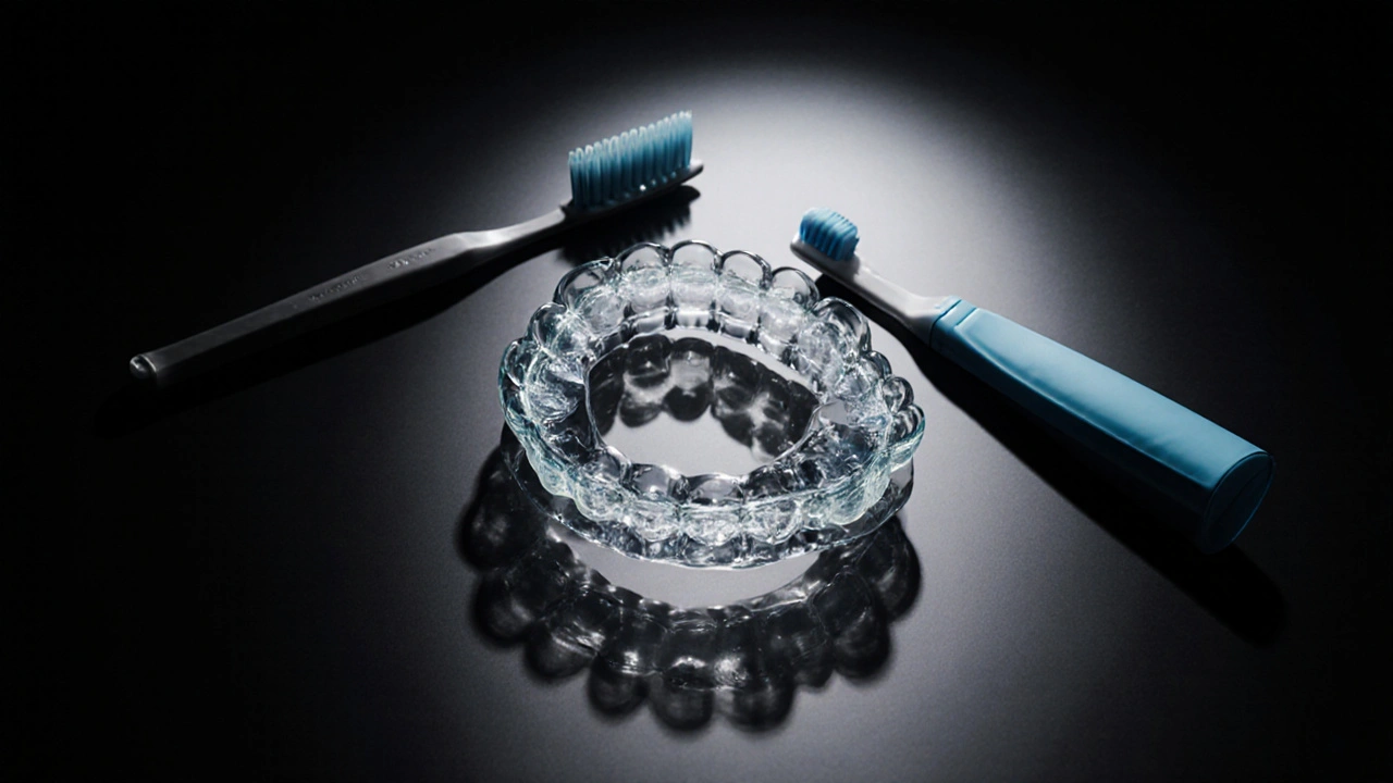 Průhledná rovnátka leží na černém povrchu vedle zubní kartáček, pod nimi jsou jemné světlé čáry znázorňující pohyb zubů.