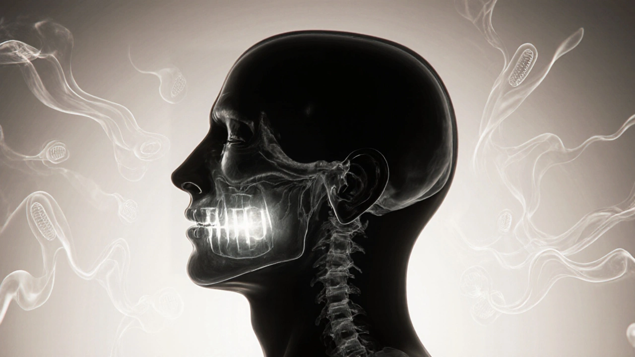 Rentgenový snímek s ukrytými mezizubními kazy, zobrazený na profilu obličeje.