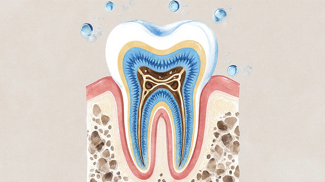 Řez zubem ukazující vystavené trubičky dentinu a ochranné krystaly hydroxyapatitu.