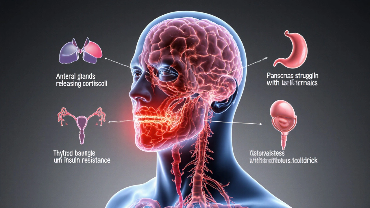 Schematic vlny zánětu z úst do endokrinních žláz v těle.
