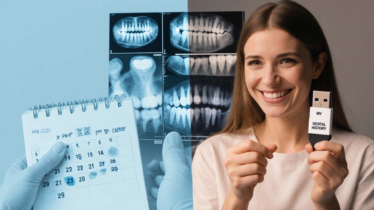 Split image showing patient with excessive X-rays vs. same patient with dental records on USB drive.
