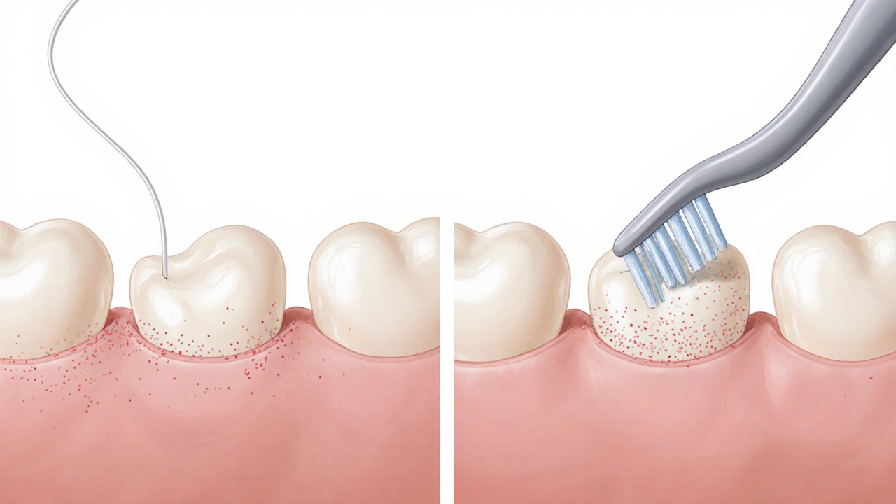 Srovnání zubní niti a mezizubního kartáčku při čištění zubů