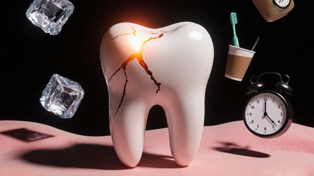 Symbolický obraz poškozeného zubu jako časové bomby s příčinami prasklin