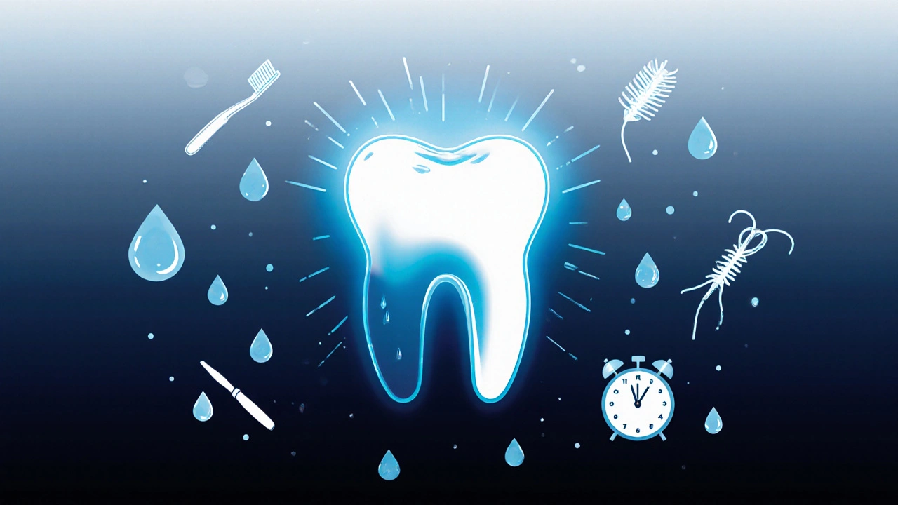 Symbolický obraz zubu, jehož bílá skvrna mizí pod vlivem fluoridu, vody a hygienických nástrojů.