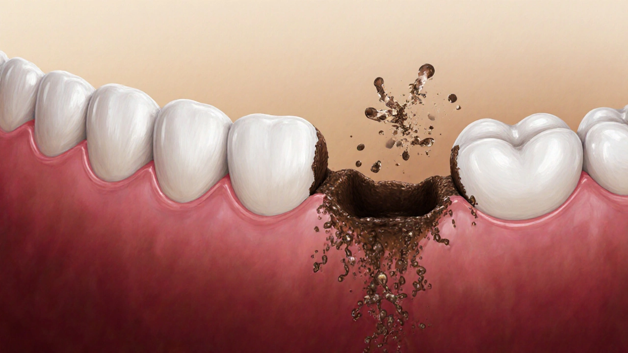 Tmavá skvrna přecházející do malé dutiny mezi zuby.